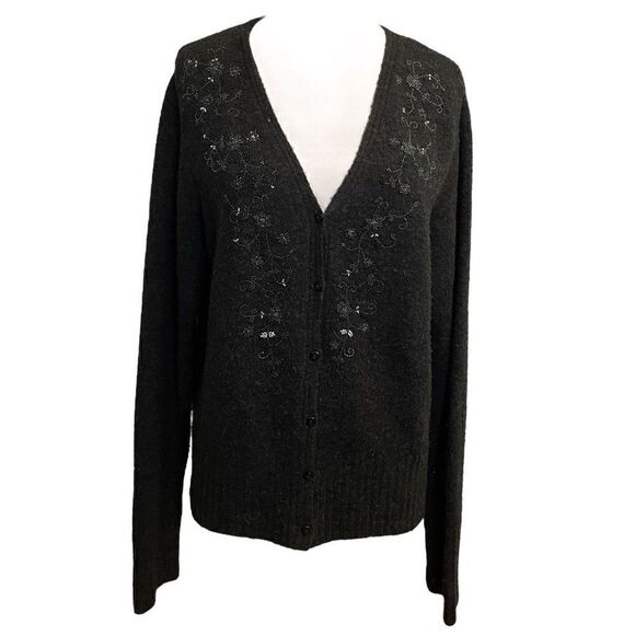 Margaret O'Leary Vintage Merino Camel Wool Embellished Black Cardigan 2 Large - Picture 1 of 10